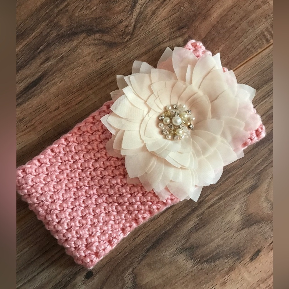 JackiBean Hand-knit Headband with Beaded Flower made with Pink 100% Bamboo yarn!